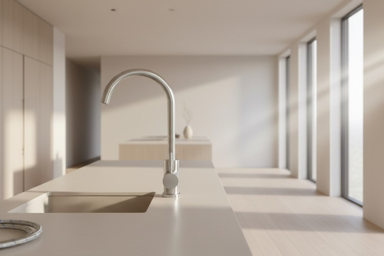 Single hole kitchen faucet by Utopia. Water lines included