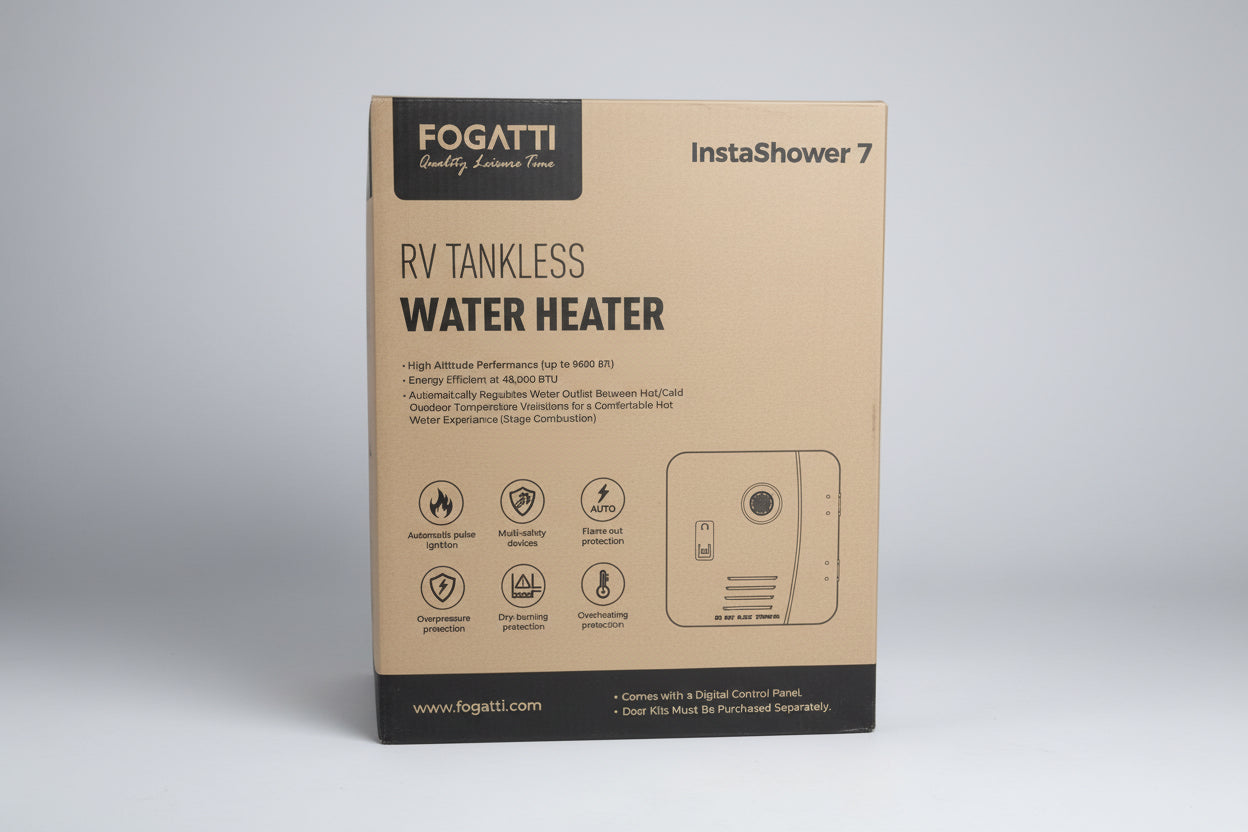 Fogatti 48,000 BTU RV  On Demand water heater  Insta shower 7/ black door